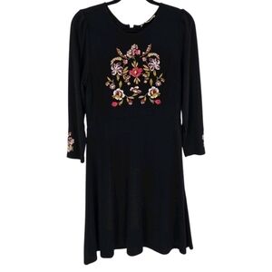 Loft Sz 6 black multicolor floral embroidered fit flare waist dress Womens